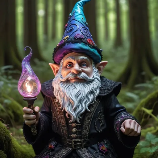 Prompt: In a dimly lit forest clearing, a gothic psychedelic gnome emerges: his twisted features highlighted by vibrant swirls of color, his ornate garments a mix of velvet and lace. This hauntingly beautiful scene is captured in a high fashion photograph, showcasing every intricate detail in stunning clarity. His gnarled staff glows with mystical energy, swirling around him in an ethereal dance. The overall effect is a mesmerizing mix of darkness and opulence, inviting viewers to delve into the fantastical world of the mysterious gnome.