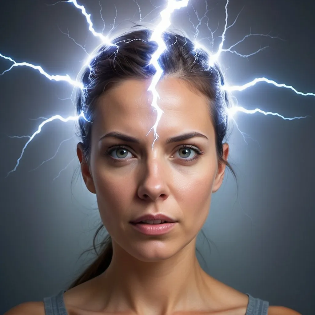 Prompt: Woman with a shiny head and a lightning bolt sticking out of her head, she is attracting lightnings, mind character, estimulante nootropic, consciousness projection, detailed glowing head, neurological marvel, sobrecarga, glowing head, circuitry visible in head, controle da mente, head exploding, tragedy of the mind - driven, neuroscience, neural, pintura fosca da mente humana