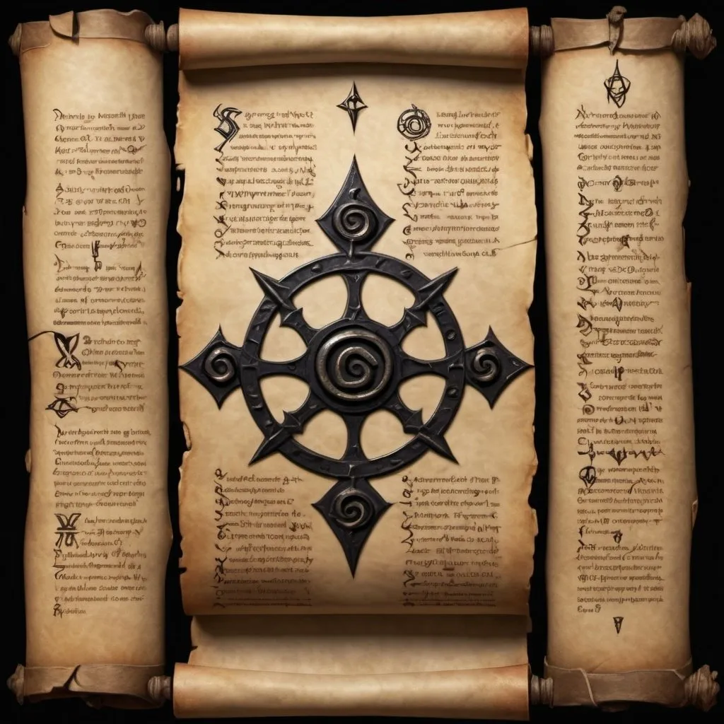 Prompt: The Sorcerer scroll  magical scroll for dark magic with dark cryptic symbol written on the pages 