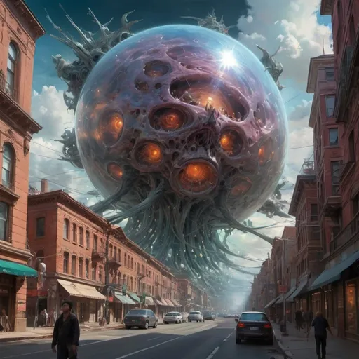 Prompt: Translucent ovni attack city, Daniel F Gerhartz, Clint Cearley, Carne Griffithsl, Cosmic Sky, Detailed Full-Color, Nature, Hd Photography, Deconstruction By Zaha Hadid. demon,illustration mixed media by Pablo Amaringo"Merriam, Nikolina Petolas, Peter Gric, Dariusz Klimczak, surreal hallucinatory intricately detailed sharp focus"