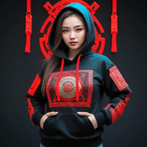 Prompt: Create a beautiful girl wearing a traditional mongolian techwear clothing hoodie with traditional tactical west  
ornaments with pouches straps multiple pockets with artwork in neon glow in red