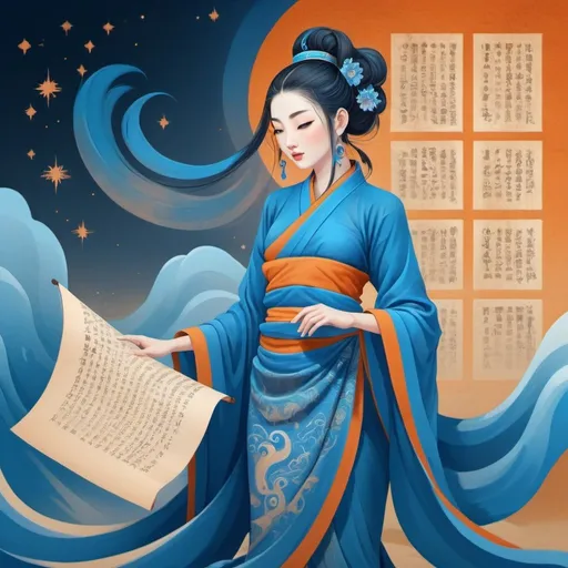 Prompt: Dunhuang art style illustration, blue tones, a tiny mysterious female figure with traditional Indonesian outfit standing on the long ancient scroll with blurred scriptures, Zen, the stars are brilliant, dazzling, light and shadow, gradient blue color, blue and orange, ancient rhyme white, super grand scenes, with fluid movements, extremely delicate brushstrokes, soft and smooth, clean background, historical paintings, 3D rendering --ar 1:4 --v 6.0 --style raw