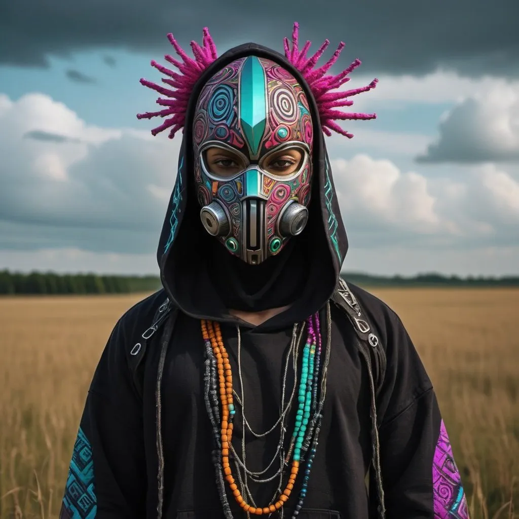 Prompt: a person standing in a field with a hood on  a cyberpunk tribal colourful mask on cyberpunk  tribal ornaments and wearing cyberpunk jwellery with a cyberpunk tribal colourful full body wear, with cyberpunk cryptics on the body wear a character portrait by Nína Tryggvadóttir, behance contest winner, neo-primitivism, apocalypse art, dystopian art, made of beads and yarn

