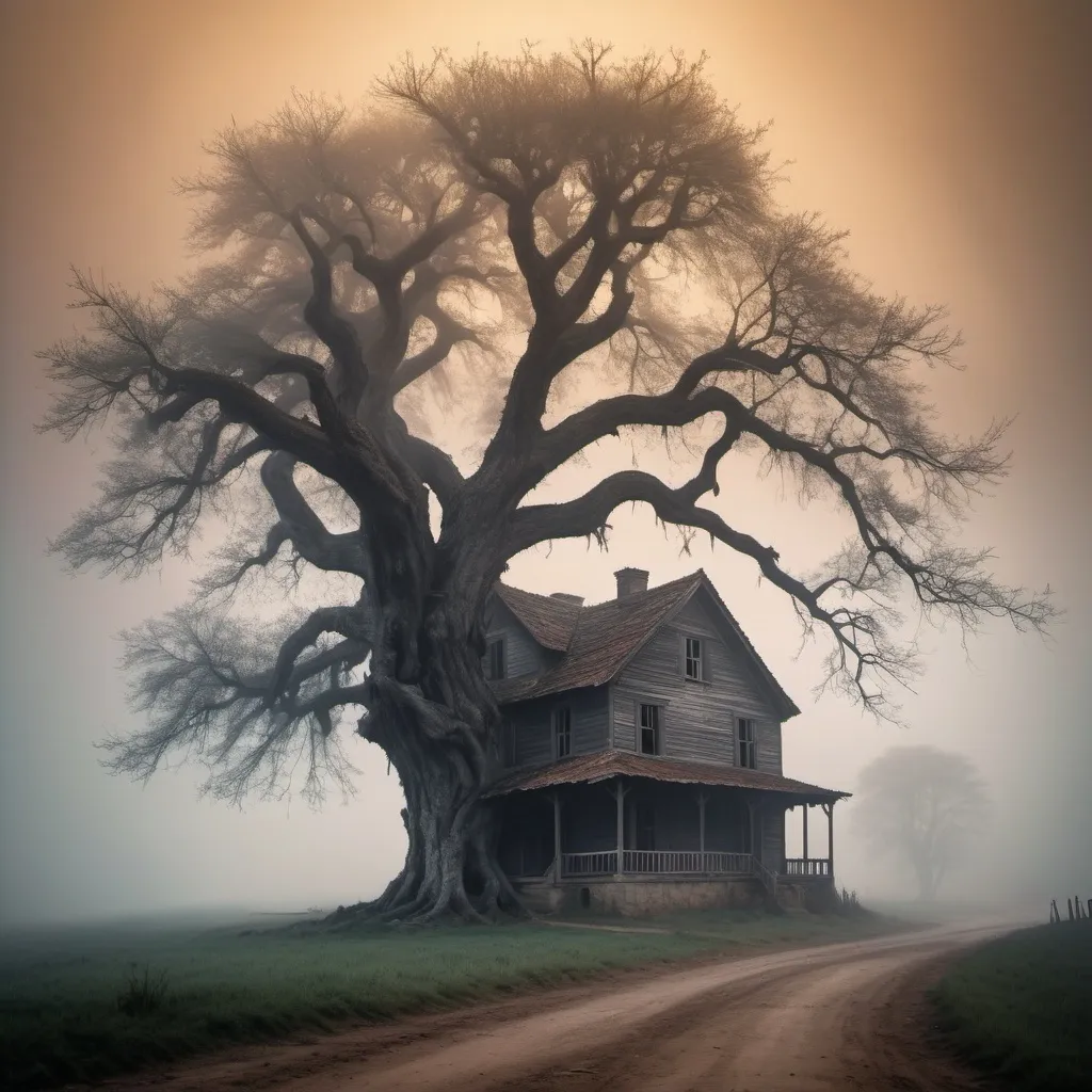 Prompt: Create a village road house with a dried huge tree with mist and fogg in the atmoSphere with turning darkness in the aky