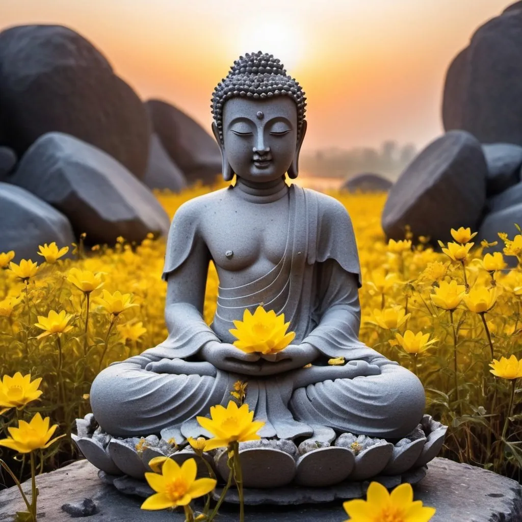 Prompt: A Buddha statue，Made of granite，The Buddha statue has been baptized by wind and frost the year before，The surface becomes covered with crackoss grows，One or two nameless yellow flowers will grow in the dilapidated cracks，It is very beautiful under the light of the sunset