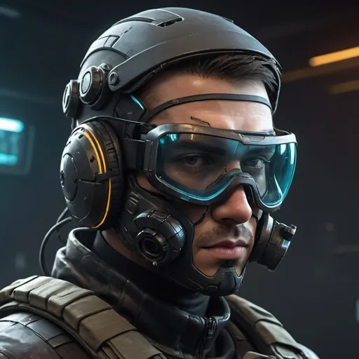 Prompt: Close-up of a man wearing a helmet and goggles, cyberpunk soldier, futuristic soldier, Specifications - Action Leader with mask, FPS games, Anton Fadeev 8K, sci-fi soldier, FPS games concept art, special ops mask, fps shooting game, Specifications - Action Leader, Future combat equipment, Rendu portrait 8k, FPS games concept