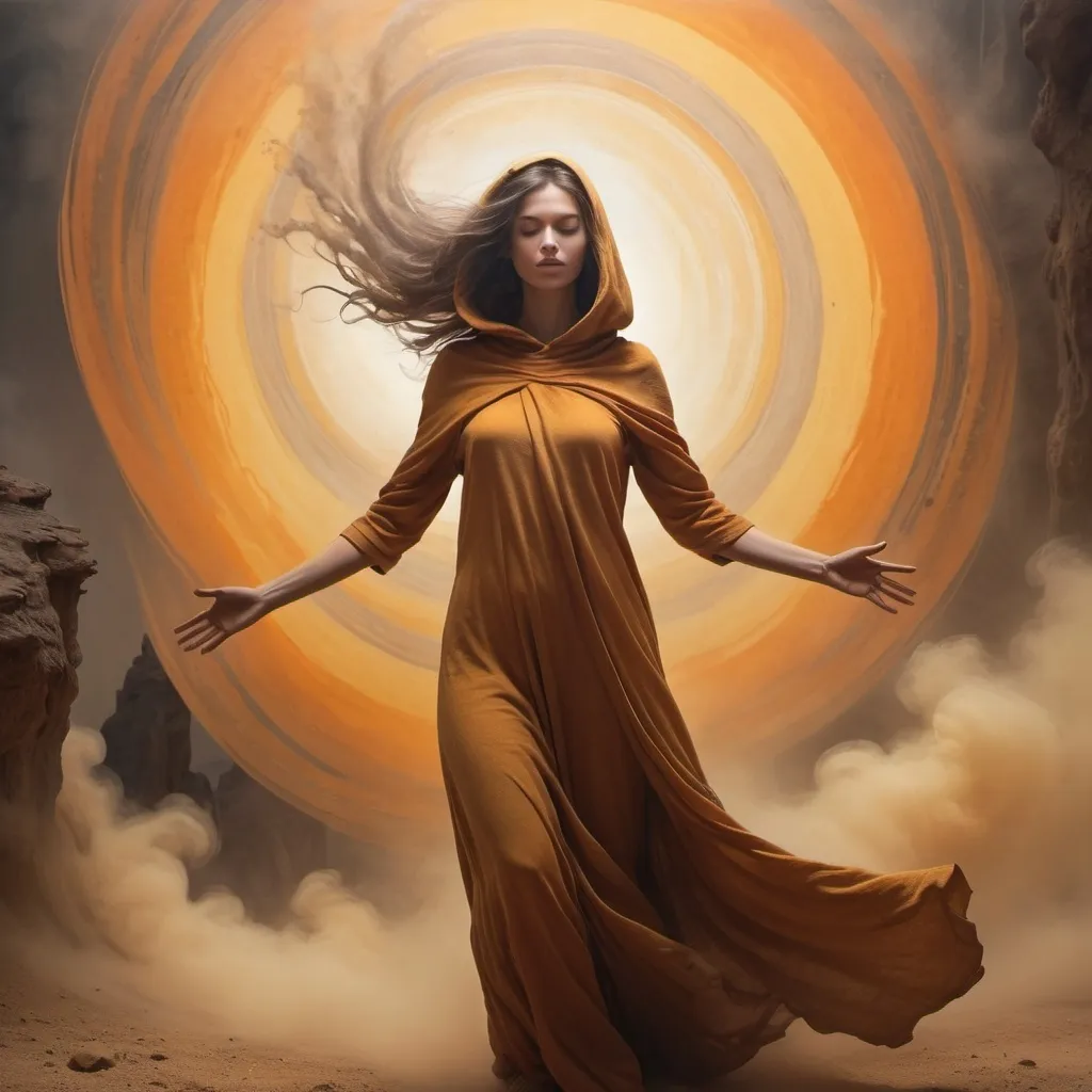 Prompt: A bright and fun , and mystical scene depicts a a woman figure emerging from a swirling vortex of dust, with tendrils of grayish-brown mist curling around their arms and legs, as if being reborn from the earth itself. The atmosphere is fun with an otherworldly energy, and the lighting is soft, warm hues of oranges and yellows, reminiscent of a desert sunset. The figure's face is obscured, with a hood or cloak covering their features, but their skin has a warm, golden undertone, with a subtle sheen to it. In the background, dark, rocky formations