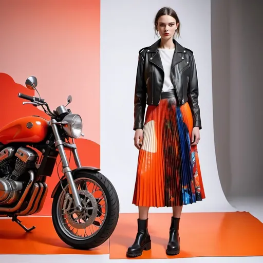 Prompt: a woman wearing a  dress made from leather, which is a mix motorcycle jacket and a long pleated skirt. With colourfull red orange neon patterns  Digital print to with still life, backdrop minimal stage, 3 variations on models