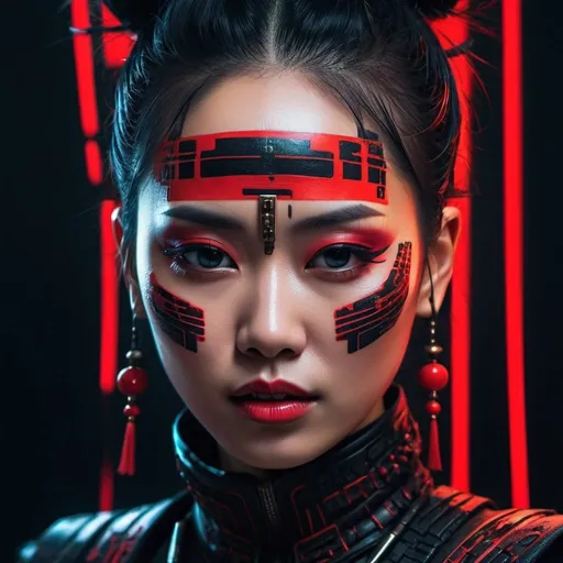 Prompt: Cyber punk glitch art Close-up of woman with red and black makeup, Oriental Face, beautiful oriental woman, detailed face of a asian girl, inspired by Hedi Xandt, portrait shot, asian face, asian woman, Regal and formidable appearance, Dramatic lighting on the face, Portrait of a cyberpunk samurai, inspired by Jin Nong