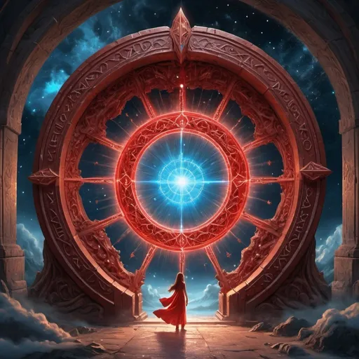 Prompt: high details, best quality, 16k, [best detailed], masterpiece, best quality, (extremely detailed), a picture (magical portal: 1.3),  onto heaven, the portal has magical red magical wards on it, she sees the starry heavens and bliss of heaven , GlowingRunes_paleblue, 