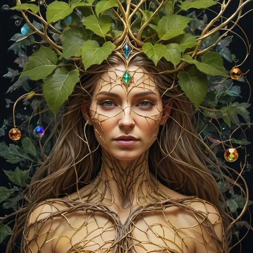 Prompt: Plant Maiden，Vine Princess，Witch of Thorns，Beautiful line art photo，Use gold strokes and rainbow paint，Golden Maiden，the golden ratio，Melted wax，Visible brush strokes，surrounded by crystal spheres，3D Mosaic Wireframe，neuroimaging，neurons，The Tree of Life，colours，California，intense emotion，oil on the canvas，Thick strokes，insanely details，8k ultra high definition，tmasterpiece，art  stations，ultra-realistic realism，plant witch，Vine Queen，Witch of Thorns