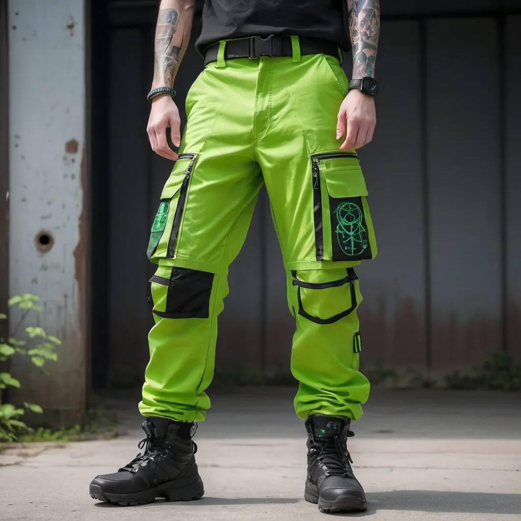 Prompt: Tech wear  bage green pants with multipal tactical pockets for storage straps and cryptic symbols in uv neon greenJapanese streat wear cargo pants