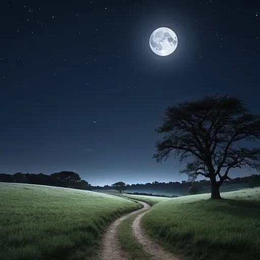 Prompt: Night landscape with the moon highlighted. The scene should depict a starry sky, where a large bright moon is positioned in the upper right corner of the image. The moon is in its crescent phase, with a significant part illuminated. The landscape in the foreground consists of an open field with tall, undulating grass. On the horizon, there is a line of dark trees, outlined against the starry sky. The night sky should be filled with bright stars forming constellations. that the image is sharp, detailed and conveys a sense of calm and tranquility by the natural beauty of the universe. Image size should be 1920 px by 1080 px