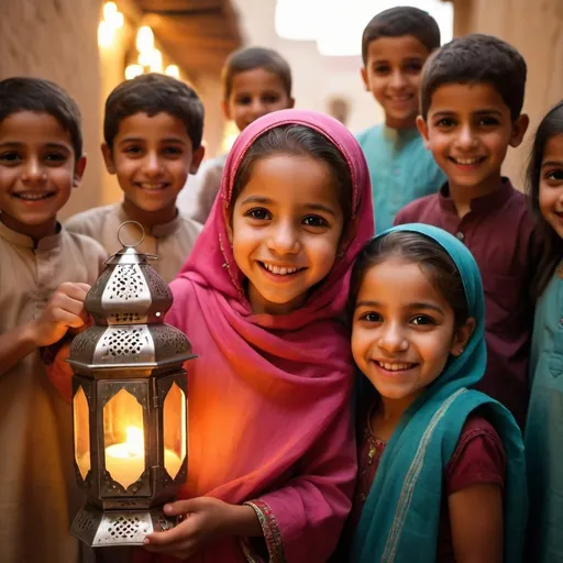 Prompt: A joyful little tribal girls and boys holding a colorful Ramadan lantern, her face beaming with happiness and innocence, traditional Ramadan decorations in the background, warm and inviting atmosphere, Photography, using a 50mm prime lens with a wide aperture to create a shallow depth of field and focus on the girl and lantern --ar 16:9 --cref --cw 100