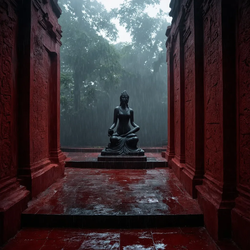 Prompt: A blood-red temple walls and floring in an ancient Indian temple  stone statue of an ancient godess sculpture of divine gods in the rain forest mist smog and fog in the blood on the temple floor flooring atmosphere and pure black ston temple in the forest  cinematic photoshoot realistic lightings ulta hdr 32k high resolution, smooth and delicate skin, noble and elegant, ultra-realistic photography vibe, shot with Canon camera, intricate details, 32k --ar 16:9 --s 750 --v 6.1