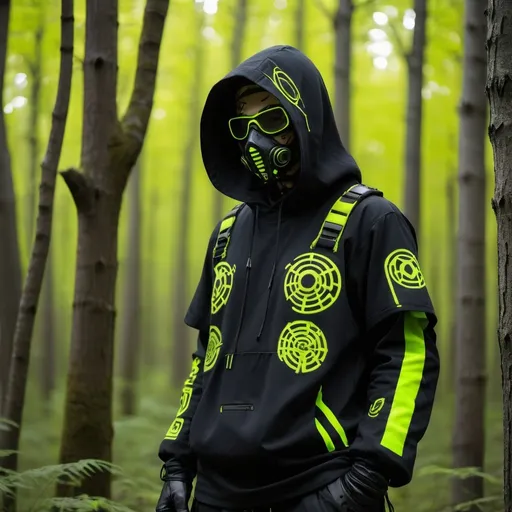 Prompt: Cyberpunk shamanic  futuristic tactical  gear nomad shamanic clothing
pant , hoodie poncho shamanic onaments face tactical mask 
tech wear black fabric  with symbol and cryptic signs and hexoganal hive patern designs in neon uv yellow and white forest baground blured baground camera lense