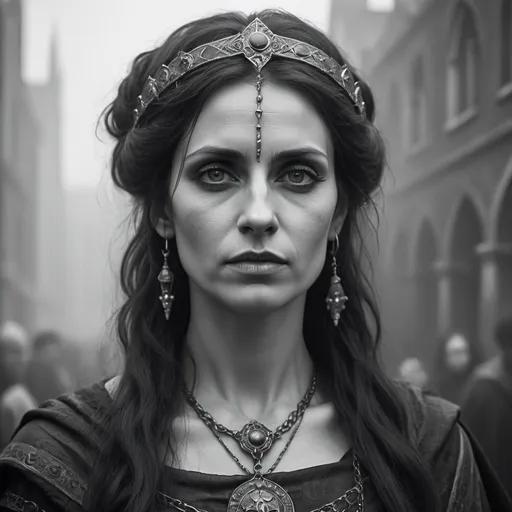 Prompt: Gothic art painting style, closeup shot of beautiful Visigoth woman, 40 years of age, in the year 500 A.D. in the foggy city of London, black and white antique photograph, tarnished film, disheveled hair, wispy hair, medieval hair style and accessories, solemn look, relaxed pose