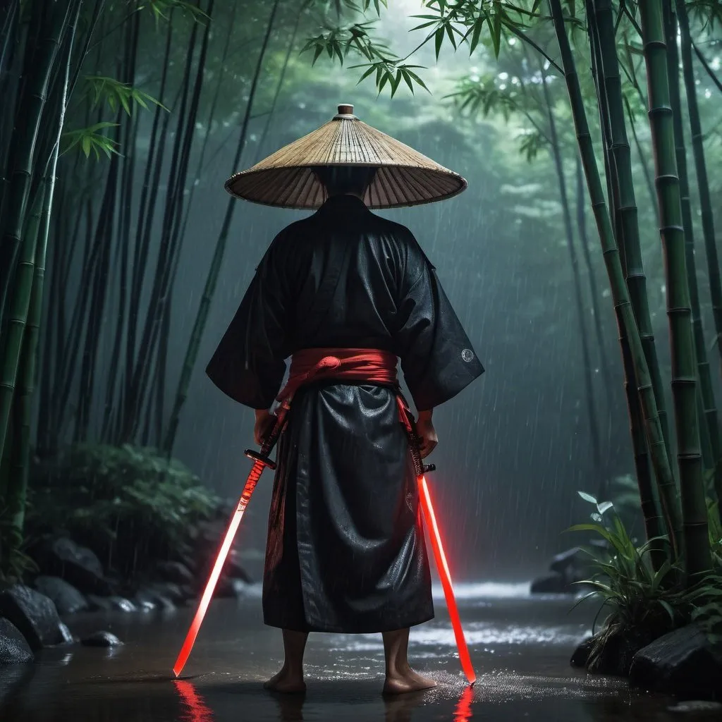 Prompt: (best quality, 4k, highres, masterpiece:1.2), ultra-detailed, (realistic, photorealistic, photo-realistic:1.37), a man dressed as a samurai stands in the rain, wearing a bamboo hat (kasa) on his head. He is surrounded by a dense forest, alive with the sounds of nature. It's a moonlit night, and the darkness adds to the mysterious ambiance. The man is wearing a black kimono with neon red stripes that glow in the darkness, making him stand out in the scene. His sword (katana) is unsheathed, ready for action in the face of imminent disasters.