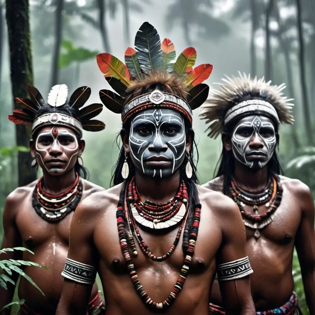 Prompt: Rain forest tribals In the forest with tribal hunters wearing tribal face mask colourfull ornaments and tribal clothes Misty fog enviornment with a drizzle of rain Bokeh, Light particles, monochrome, Highly detailed painting,(dark hues:1.3),(Close portrait:1.3),thematic background