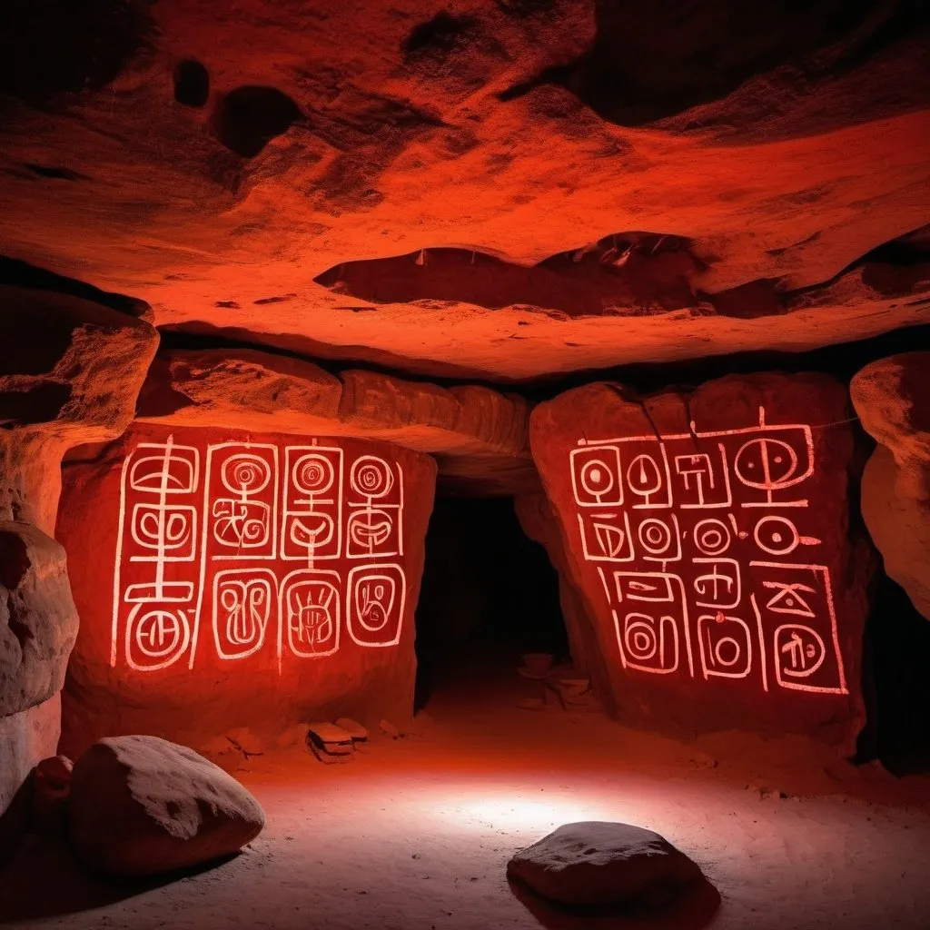 Prompt: Cryptic symbols of tribal language written on the walls of a cave glowing in neon red colour 