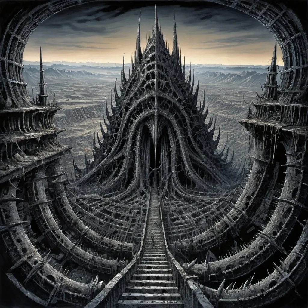 Prompt: view from the top of peak, futurist dark valley in ruin, evil creatures, cosmic horror, abyss view, madness, thorns, spiked walls. Creepy illustration, Horror art, hyperdetailed painting, color drawing, art by Derek Riggs and HR Giger