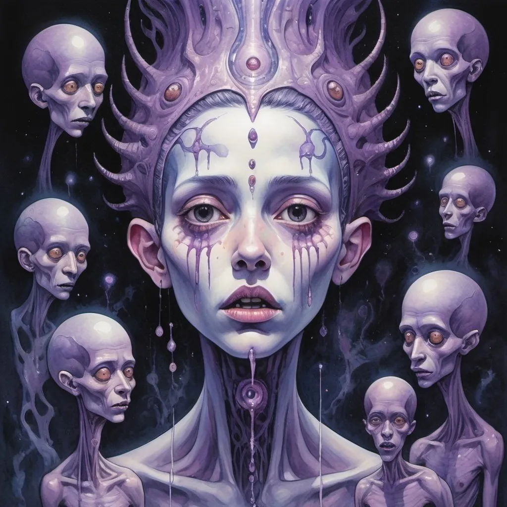 Prompt: (Dramatic Painting:2) of (Detailed illustration:2),masterpiece, best quality, (Psychic being with elongated heads and piercing mental screams. Their color palette features unnatural purples, indigos, and glowing psychic auras, creating a disconcerting and unsettling atmosphere), absurdres, intricate detailed, sharp focus, smooth, science fiction, jean-baptiste, monge, style, watercolor, painting