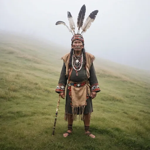 Prompt: A tribal shaman standing on a grassy hill in the misty fog