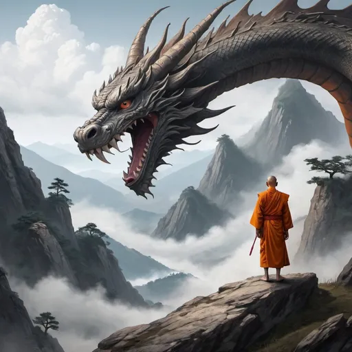 Prompt: a monk watches quietly as a massive dragon moves into view from around the edge of a mountain.