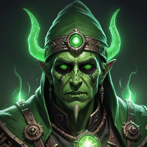 Prompt: arafed man in a green costume with a green light on his face, from vermintide 2 video game, world of warcraft elven druid, undead mage, cyborg necromancer, necromancer, benevolent android necromancer, undead lich, steampunk arcane shaman, demon necromancer, portrait of the old necromancer