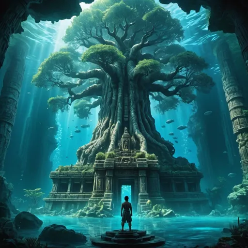 Prompt: arafed image of a man standing in front of a giant tree, undersea temple, submerged temple scene, key art, underwater temple, square enix cinematic art, dan mumford. maya render, submerged temple ritual scene, detailed digital 2d fantasy art, fantasy and cosmic horror movie, high fantasy art movie poster, lost temple, highly detailed fantasy art, cinematic fantasy painting