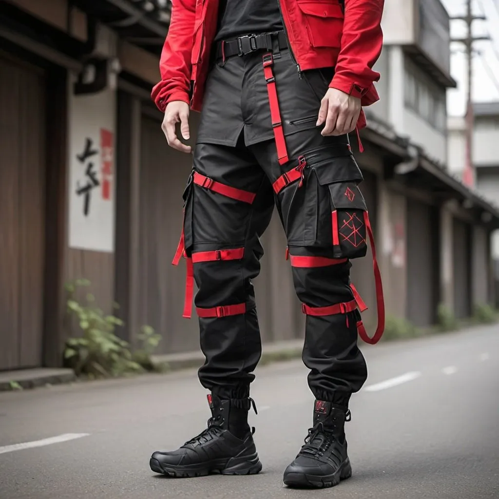 Prompt: Tech wear pants with multipal tactical pockets for storage straps and cryptic symbols in red Japanese streat wear cargo pants