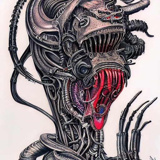 Prompt: Tattoo, stunning, realistic, colorful HR Giger.  style alien xenomorph connected biomechanically to the hive on a white background A4 size paper