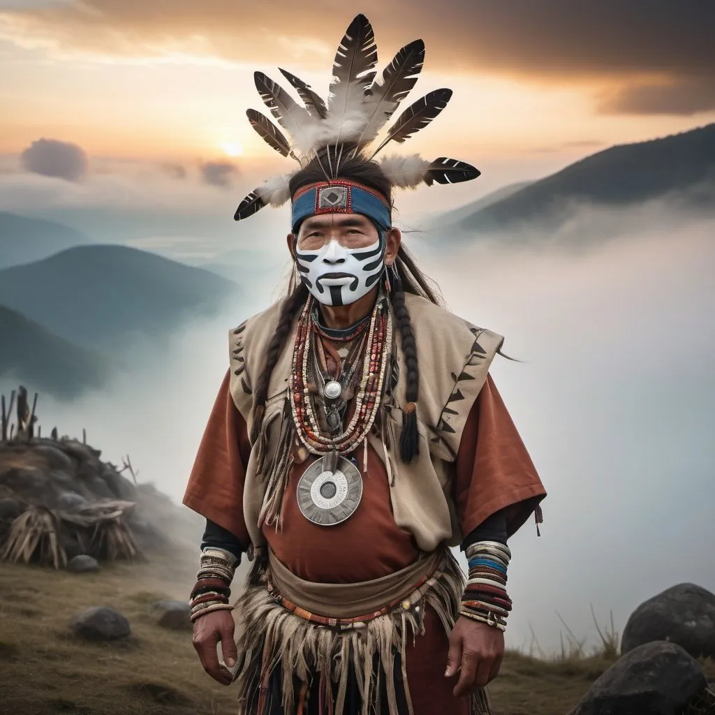 Prompt: A shaman with shamanic clothes face mask and shamanic ornaments standing on a mountain in the fog with clouds near it,with tribal huts and tribes at a distance sunset   eroded surfaces, soft-focus portraits, adventure themed, monumental forms, close-up --ar 16:9 --style raw --sref s.mj.run/J-d4B3VQ0kg ::2 s.mj.run/k10fV_CeLnE ::2 s.mj.run/luN48Wu1JBc s.mj.run/CipB5QUrd-k s.mj.run/tAhMiKfQh5k ::9 s.mj.run/55fTN3X5eIs --sw 1000 --v 6.0