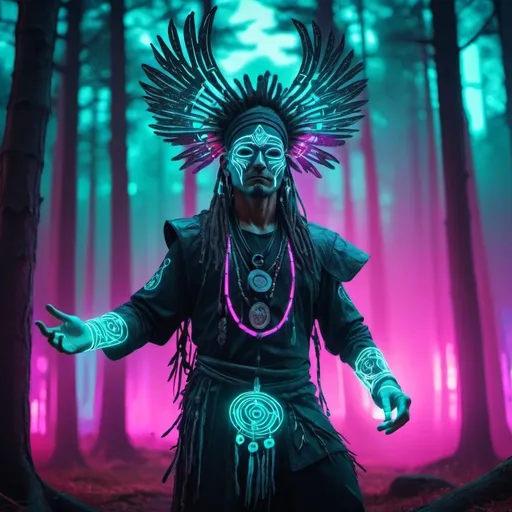 Prompt: Cyberpunk forest neon sfumato wide shot of a cyberpunk dancing shaman with a shamanic mask  with shamanic ornaments | forest background | colourfull  hued gradient effect | futuristic glowing runes --ar 16:9 --s 120 --style raw --v 6.0