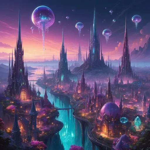 Prompt: 
A vibrant alien cityscape with towering spires of iridescent crystal, winding aerial walkways, and bioluminescent flora illuminating the twilight sky.