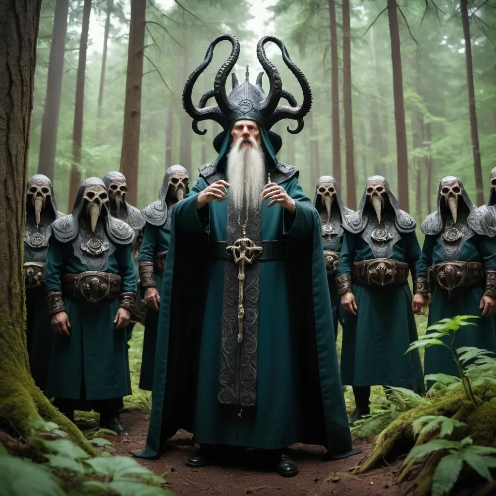 Prompt: wide-shot, action, Epic Composition, photo of The most high (CthuluBishop:1) of the lovecraftian order of Cthulu with tribes in the forest