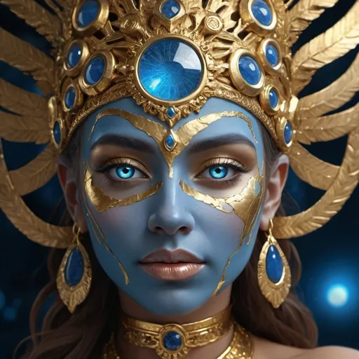 Prompt: a close up of a woman with a gold headdress and a blue face, goddess. extremely high detail, extremely detailed goddess shot, goddess close-up portrait, 4k highly detailed digital art, god. dramatic gold blue lighting, fantasy art behance, detailed fantasy digital art, portrait of a beautiful goddess, 4 k detail fantasy, a stunning portrait of a goddess