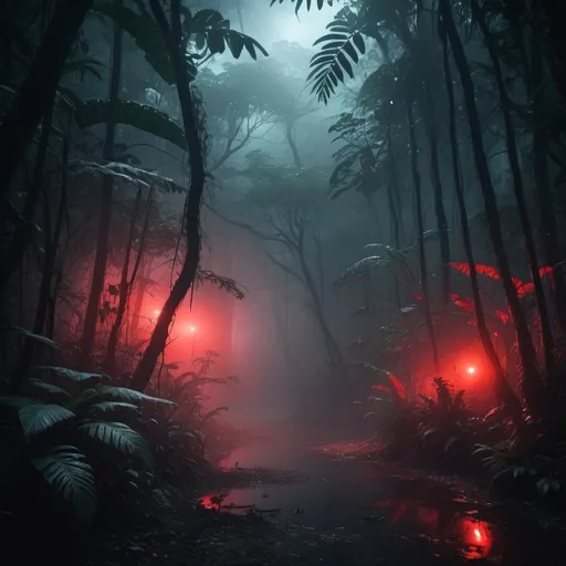 Prompt: Create a rainforest with mist and fog in the atmosphere with with neon red glowing lights behind the trees and an scary horrofing entity standing in the forest cinematic photoshoot