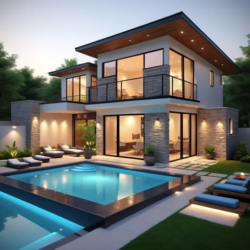 Prompt: realistic, Modern, luxurious bright and small house at house. The design features clean lines, and a mix of materials, including stone. Small windows. The landscaping is meticulously designed, with American inspired landscape and pathways that complement the contemporary architecture. The lighting adds a warm and inviting ambiance, highlighting the architectural details. With modern swimming pool.