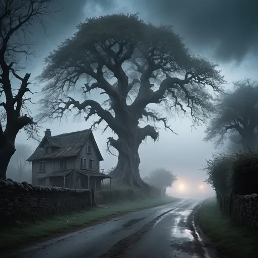 Prompt: Create a village road a single scary house with a dried huge tree with mist and fogg in the atmosphere with turning darkness in the aky