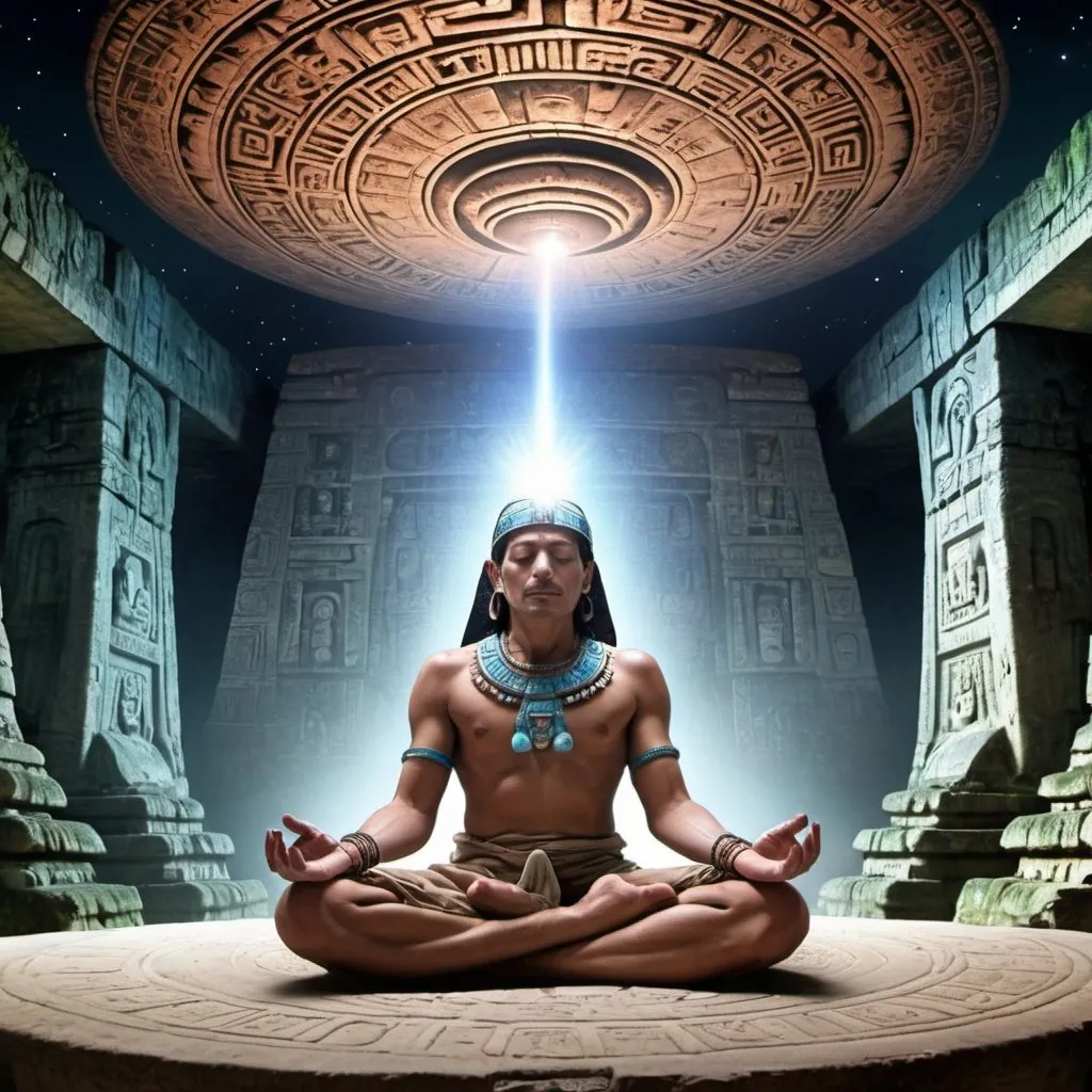 Prompt: Pleiadian ufo in meditation with the shaman of the Mayans in the pyramids of Tikal cinematic Photo realistic --ar 1:2 --s 250 --c 15 --v 6.0