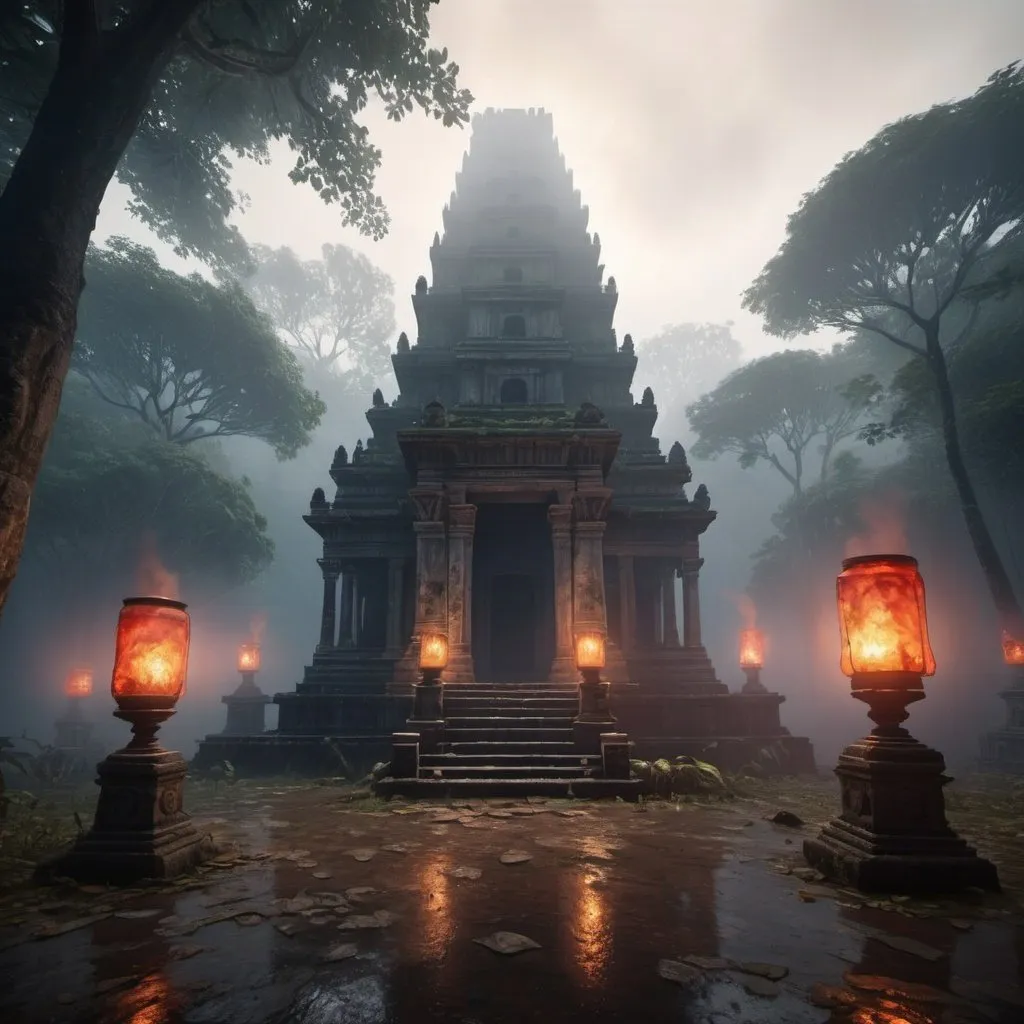 Prompt: An ancient ruins of an Indian  teple  for sacrifice and blood on the floorthe rain forest with mysty dense fog and smoke in the baground octate render unreal lightings, highly detailed , photo realistic , unreal engine 5,  depth of view, add noise, Effet de vent：1.9，Effets de nuage：1.2，Rendu complet，Encaustic painting,flammes, epic, dawn, fog, dramatic lighting, glowing floating  lightings and lanterns in the trees at a distance blurry baground 