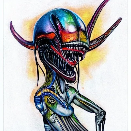 Prompt: Tattoo, stunning, realistic, colorful HR Giger.  style alien xenomorph connected biomechanically to the hive on a white background A4 size paper