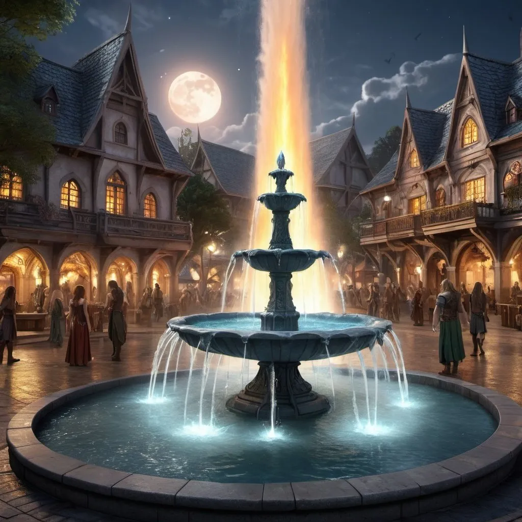 Prompt: Fantasy art, RPG art, there is an epic sized magical water fountain in an elven city town square, it has magical runes gl0w1ngR in the basin of the fountain, many rivulets of water entwined in fire, faize, the fire is combined with the water streams, its night time, moon is rising, photorealistic, 16k, RAW, award winning, (best detailed: 1.5), masterpiece, best quality, (ultra detailed), full body, ultra wide shot