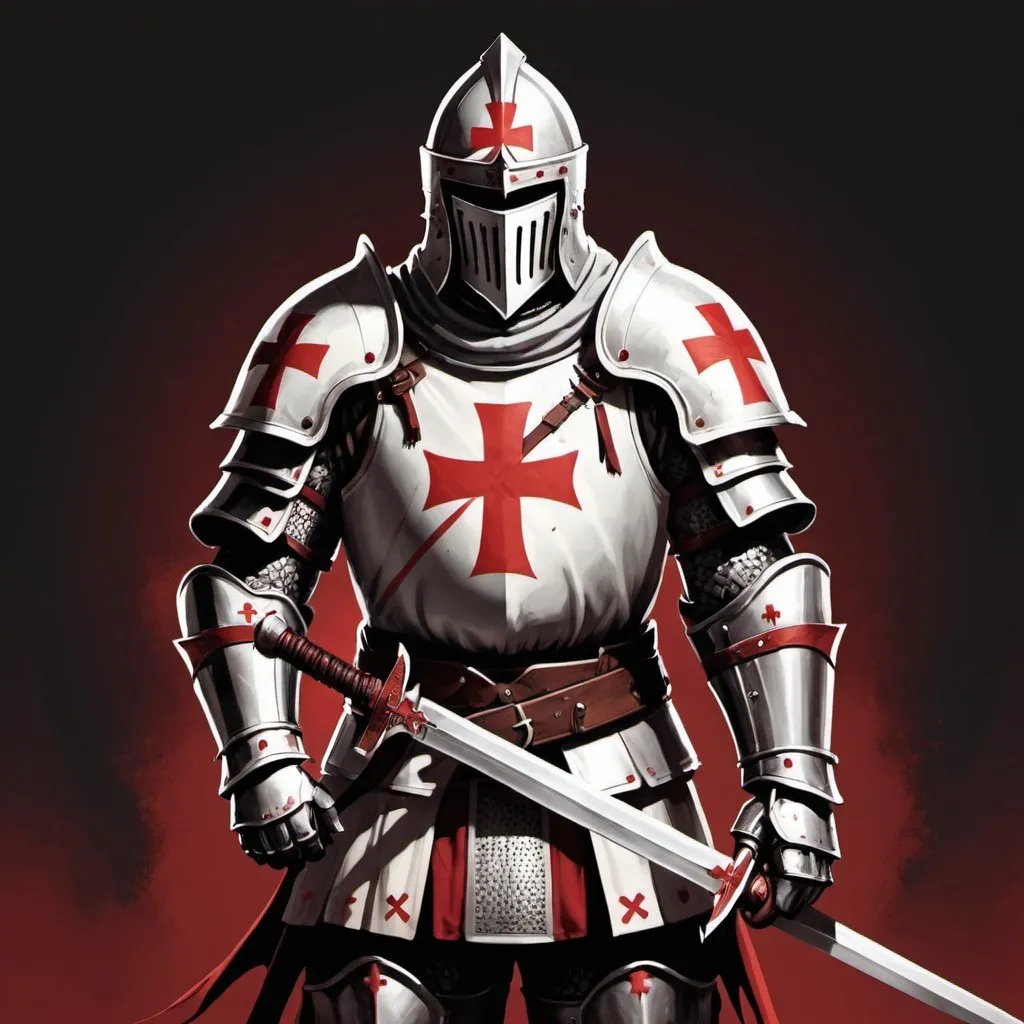 Prompt: An illustration of a Templar knight in full armor, with a white and red cross on his chest, holding two swords. The background is a dark red. In the style of art, character design for a game. --ar 3:4 --s 750 --v 6.0