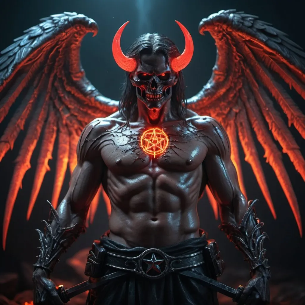 Prompt: Horror-themed realistic photo of a evil demon with rotting angel wings and holding a broadsword,glowing red pentagram burns like lava on his chest piece,unreal engine 5 quality render cinematic lighting 8k resolution concept art by giger trending on cgsociety,dramatic light,hdr,vivid color scheme,cyberpunk,neon noir style,sci-fi atmosphere,hyper realism,octane,god rays,volumetric,golden ratio,cool 4d,retrowave,in the year 2021,award winning masterpiece,depth,deep focus,black metal,true to life,natural skin,high detailed body,very detailed scene,shadows,detailed background,highly detailed skin,accurate to life,living image,amazingly lifelike .,glow effects,godrays,Hand drawn,render,8k,octane render,cinema 4d,blender,dark,atmospheric 4k ultra detailed,cinematic,Sharp focus,big depth of field,Masterpiece,colors,3d octane render,4k,concept art,trending on artstation,hyperrealistic,Eerie,unsettling,dark,spooky,suspenseful,grim,highly detailed,