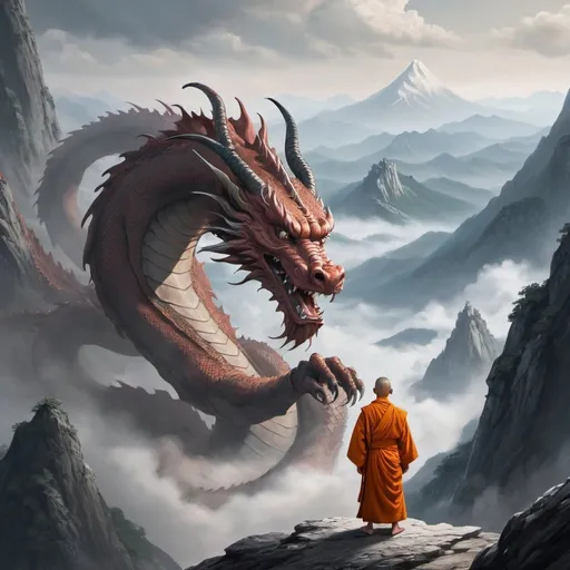 Prompt: a monk watches quietly as a massive dragon moves into view from around the edge of a mountain.
