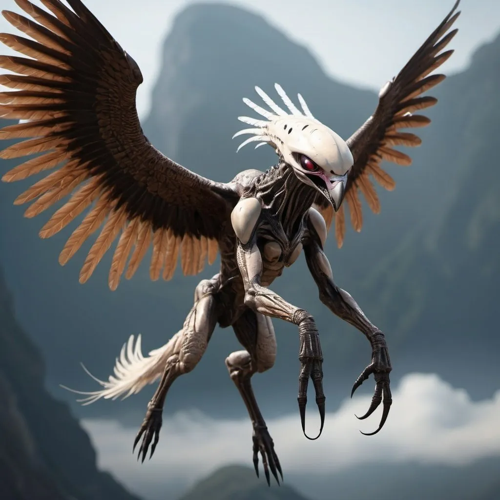 Prompt: Predatory alien creature with wings and feathers. Attacks in flight --v 6.0