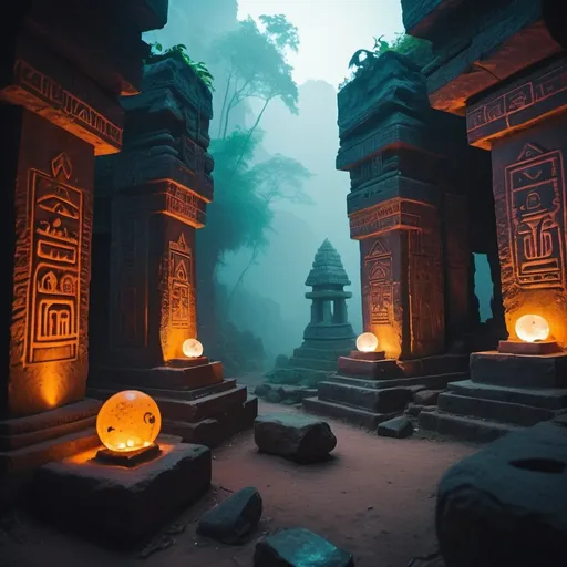 Prompt: breathtaking shallow depth of field, a tribal civilization with tribal homes with realistic lightings tribals doing their  daily activities big  cave  walls written with tribal signs and criptic symbols in neon glowing lightings  cyber punk aesthetic cinematic  lightings smoky atmosphere stone  boulder wide and huge tall with cryptic tribal signs.  Ancient ruins of temple with statues with cryptic symbols glowing on the statues and temple walls Glowing in radium in a rain  forest with mist and foggy atmosphere bokeh, ethereal scenery by Atey Ghailan, insanely beautiful and atmospheric, aesthetical cinematic lightings neon baground

