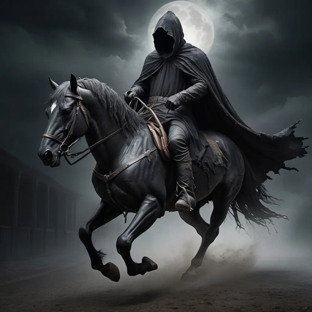 Prompt: ral-mythcr, headless horseman, mythical creature, a photorealistic image of a headless horseman, the horseman, headless rider, clad in dark, tattered clothing of an ancient style, rides a powerful black horse 